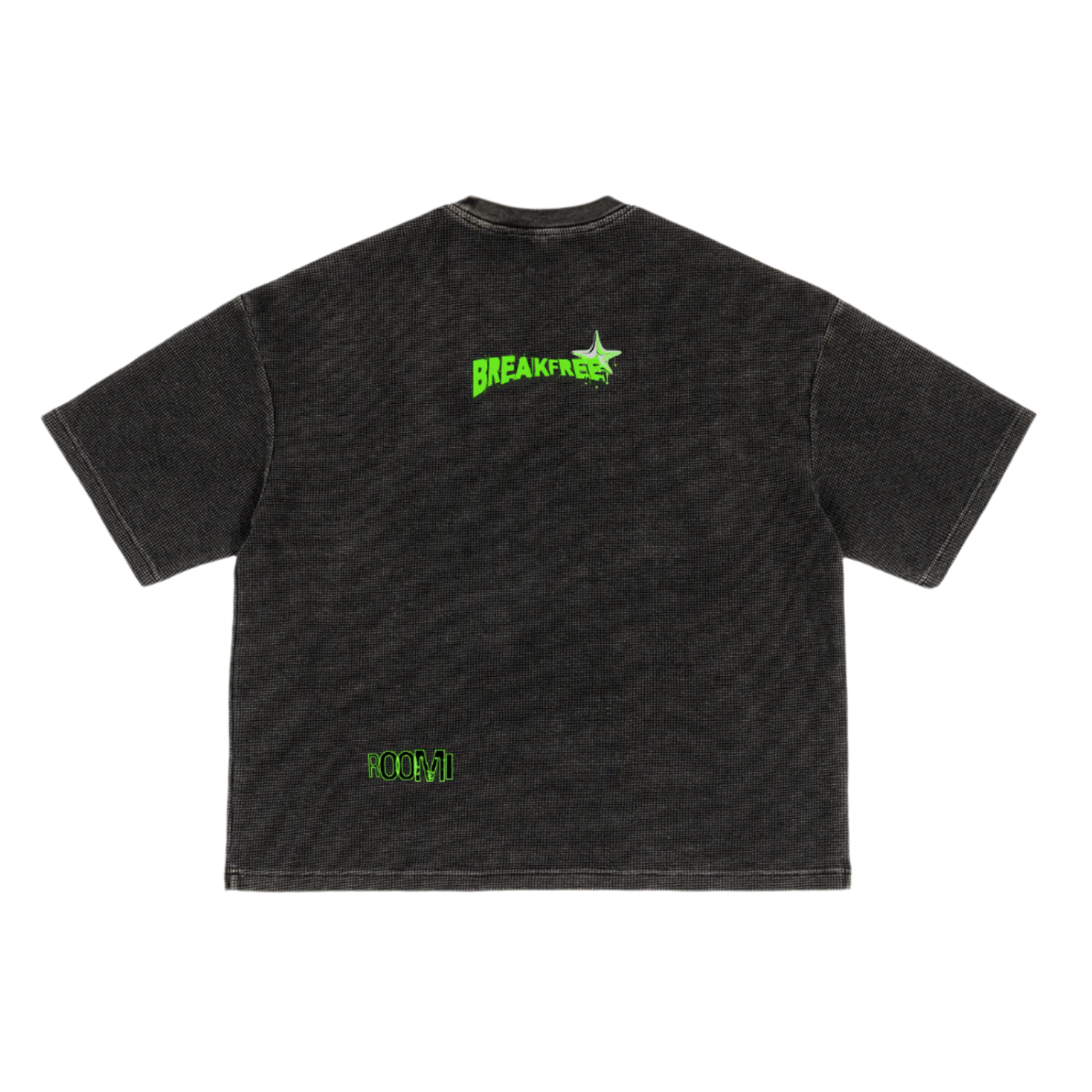Black t-shirt with green text and logo on a white background