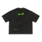 Black t-shirt with green text and logo on a white background